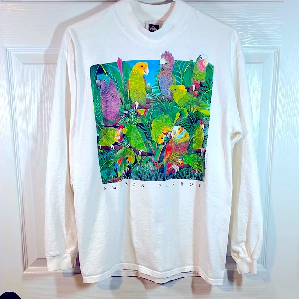 Amazon Parrots Tropical Jungle Long Sleeve Tee Shirt 1992 Firefly Studios Birds